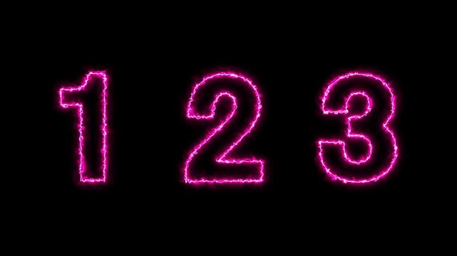 neon numbers text animation 1-3 number. numbers shimmer on a black background. neon text 123 number countdown icon on black background.