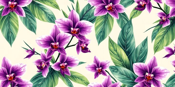 A vibrant seamless pattern featuring purple orchids and lush green tropical leaves on a cream background