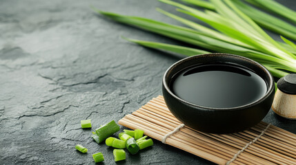 Salad Dressing, A modern dipping bowl featuring wasabi soy dressing, perfect for culinary presentations or food photography.