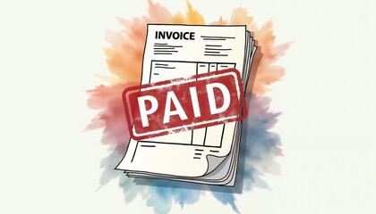 Paid invoice with red stamp, payment confirmation illustration