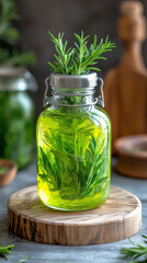 Salad Dressing, White wine vinaigrette with floating herbs in a visually appealing presentation, perfect for culinary and food-related contexts.