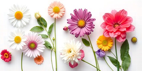 Obraz premium Collection of colorful daisy and dahlia flowers with green leaves against a white background