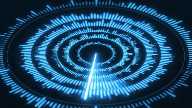 P202-Futuristic neon background of blue glowing sound waves motion. Audio waveform visualization. Neon ra 4K 10s