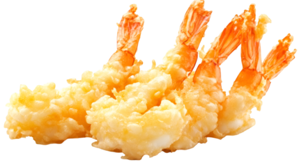 Four perfectly fried golden shrimp tempura pieces on a stark for food design on transparent background