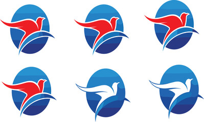 Set of Flying Bird Logo Icons in Blue Oval Background for Airline Travel and Logistics Branding Design.