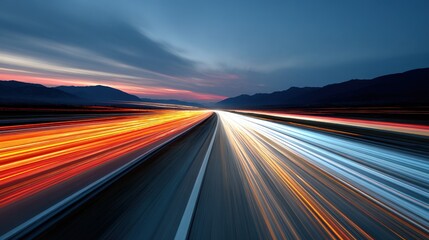 Dynamic light trails streak across a highway at twilight, capturing the essence of rapid motion