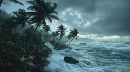 Strong wind hurricane hitting island flood concept. Fierce waves crash against rocky shoreline under stormy skies.