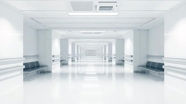 Empty white hospital corridor with benches, doorways, bright ceiling lights, and symmetrical perspective