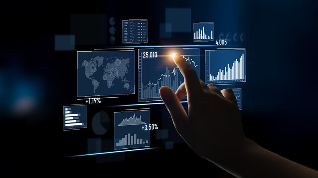 A person interacts with a digital dashboard, showcasing various graphs, charts, and metrics for insightful business analysis in a modern technology environment. Scalp - Powered by Adobe