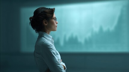 Thoughtful businesswoman in white shirt looking at data visualization with confidence in modern office, contemplating future trends and strategies for success