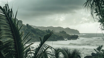 Strong wind hurricane hitting island flood concept. Stormy coastline with palm leaves by the ocean.