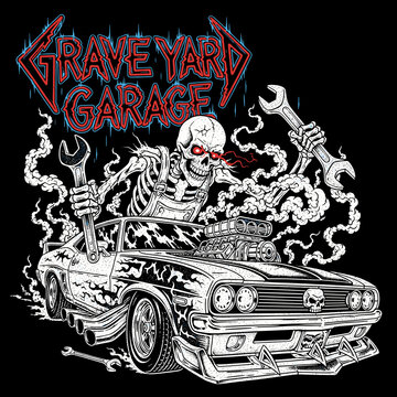Graveyard Garage Skeleton Mechanic Working on Classic Muscle Car.
