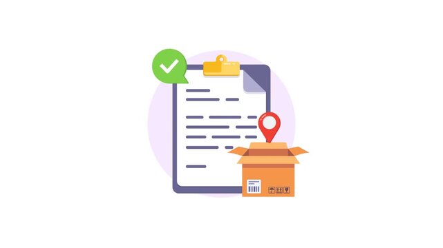 4K animation of Document Verification With Package Box, Location Pin, And Checkmark For Logistics And Delivery Process.