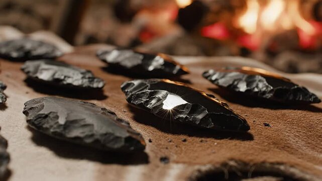 Glistening obsidian arrowheads meticulously arranged on animal hide near a warm fire, showcasing primitive tool craftsmanship.
