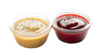 Two small plastic condiment cups filled with mustard and barbecue sauce on transparent background
