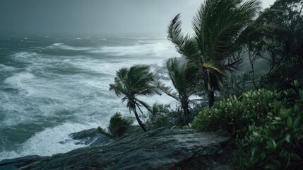 Strong wind hurricane hitting island flood concept. Stormy sea view with swaying palm trees and rough waves.