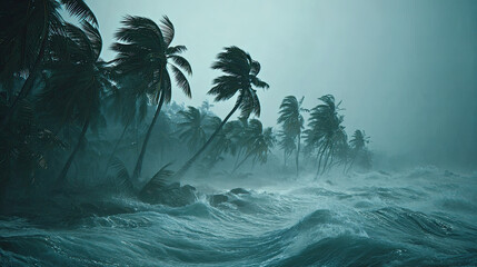 Flooded streets on tropical island post hurricane concept. Stormy sea with high waves and swaying palm trees in a dark atmosphere