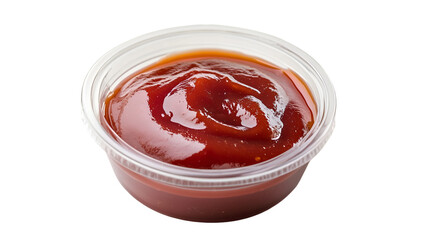 Rich dark barbecue sauce served in a small clear plastic condiment dipping cup on black on transparent background