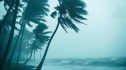 Flooded streets on tropical island post hurricane concept. Stormy sea with palm trees swaying in strong winds and waves.
