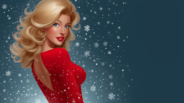 Blonde Frau im roten Glitzerkleid vor blauem Winterhintergrund mit Schneeflocken