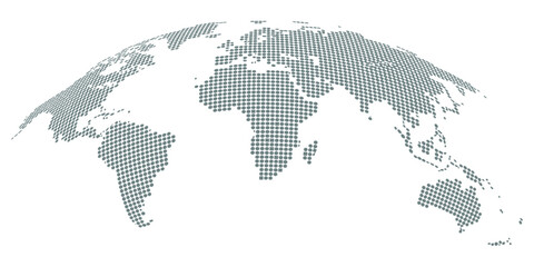 Dotted world map illustration, curved global perspective, minimalist black dot design, geographic data visualization, flat vector artwork © PORI 