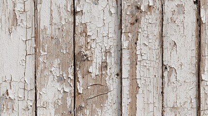 Weathered white paint peeling off old wooden planks, revealing the distressed texture beneath
