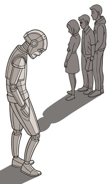 Sad robot excluded from group of people feeling lonely and isolated.