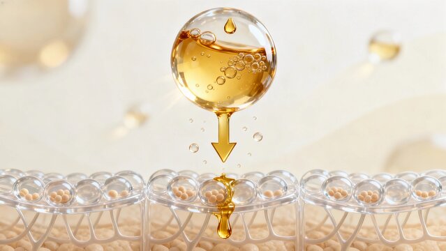 Spherical transparent lipid factor encapsulates warm golden liquid components and microbubble capsules with smooth surface and oil droplets medical science illustration.