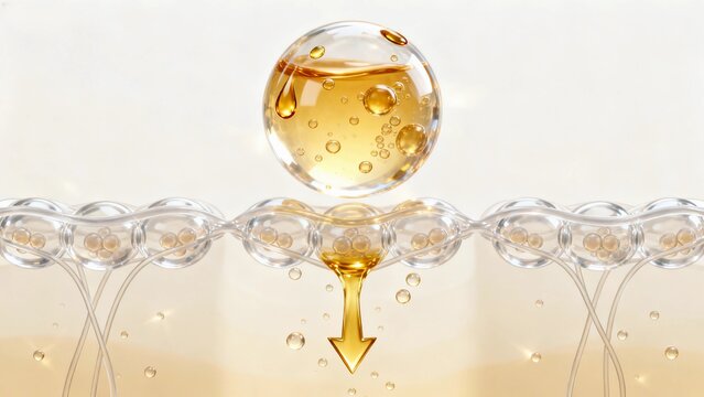 Spherical transparent lipid factor encapsulates warm golden liquid components and microbubble capsules with smooth surface and oil droplets medical science illustration.