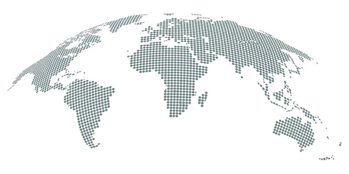 Dotted world map illustration, curved global perspective, minimalist black dot design, geographic data visualization, flat vector artwork