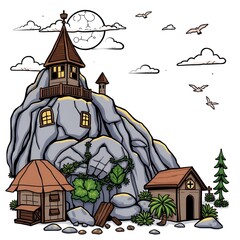 A stone mountain with houses a tower birds and a moon in the sky fantasy castle clouds
