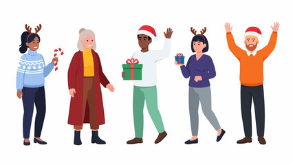 Obraz premium Diverse group of people celebrating Christmas together outdoors with festive decorations and joyful expressions