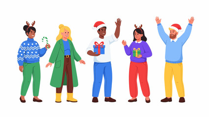 Fototapeta premium People celebrating a festive occasion together, wearing holiday attire and accessories, in a joyful scene from a front viewpoint.
