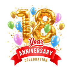 18th anniversary, eighteenth birthday celebration. 3D golden balloon shaped number eighteen, confetti and red ribbon with text, isolated. Template for jubilee, gala event. Vector illustration