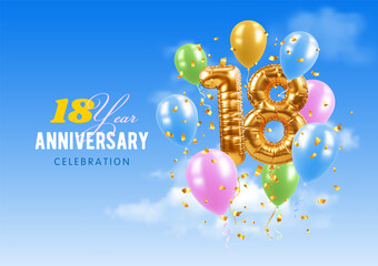 18th Anniversary. Eighteenth birthday celebration. Eighteen year. Number 18 in the form of 3D golden balloons. Blue sky background. Greeting template for jubilee, gala event. Vector illustration