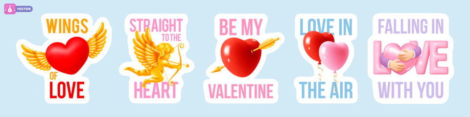 Set of Valentines Day labels, stickers, banner or greeting card template. Romantic cute design, 3d conceptual objects, hearts, cupid, balloons, embracing and typography lettering. Vector illustration