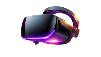 Sleek futuristic virtual reality headset glows with vibrant purple and gold neon light against black on transparent background