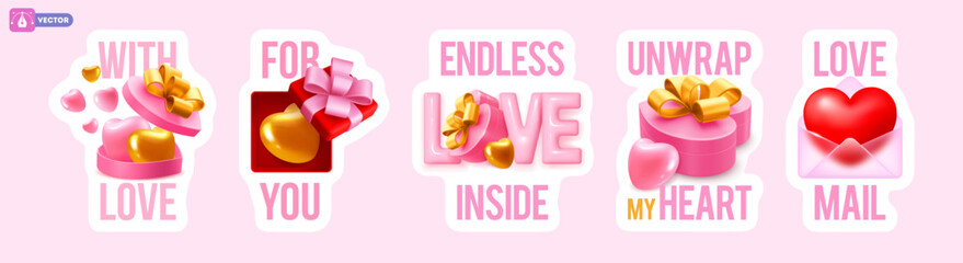 Obraz premium Set of Valentines Day labels, stickers, banner, greeting card template. Romantic cute design, 3d conceptual objects, hearts, gift box, envelope and typography lettering. Vector illustration