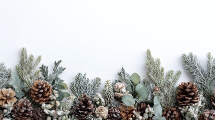 Festive winter composition with snowy pine branches, eucalyptus, and rustic pinecones
