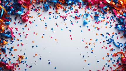Colorful confetti and ribbons on white background.