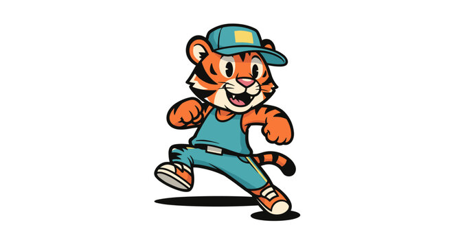 Cute cartoon tiger character wearing overalls and a baseball cap.