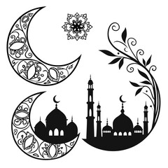 Islamic crescent moon and mosque silhouettes © Jahid