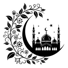 Illustrative crescent moon with mosque