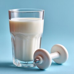 Glass of milk with white dumbbell on blue background for fitness and nutrition