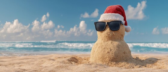 The sandman wearing a Santa hat and sunglasses on a sunny beach