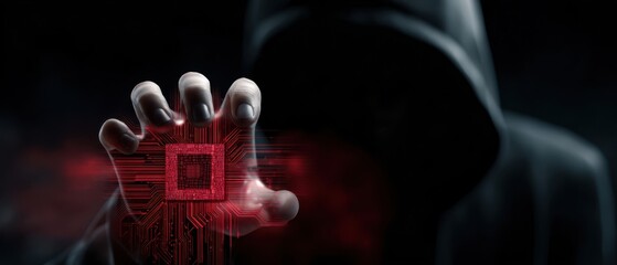 The Microchip in a Hooded Hacker's Hand Emitting Red Glowing Cybersecurity Threat