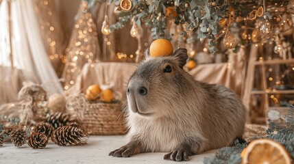 Capybara Christmas card, new year cozy capybara
