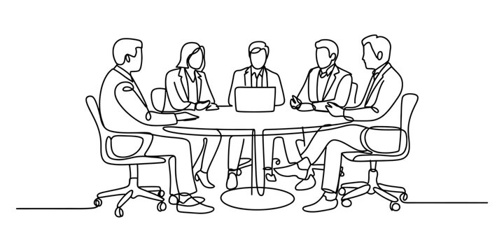 Continuous line drawing of a business meeting with a team collaborating around a table Vector, illustration