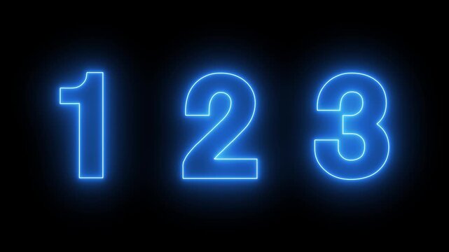 neon numbers text animation 1-3 number. numbers shimmer on a black background. neon text 123 number countdown icon on black background.