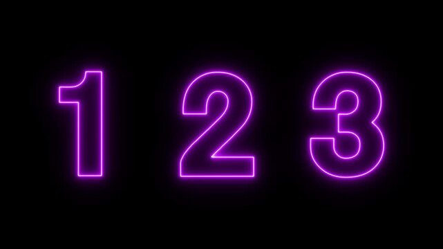neon numbers text animation 1-3 number. numbers shimmer on a black background. neon text 123 number countdown icon on black background.
